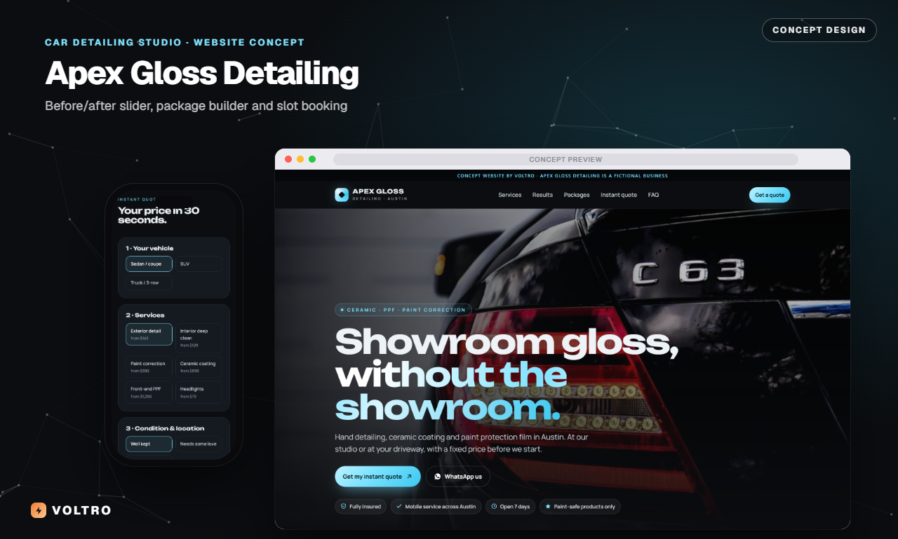 Apex Gloss Detailing concept website on desktop and phone