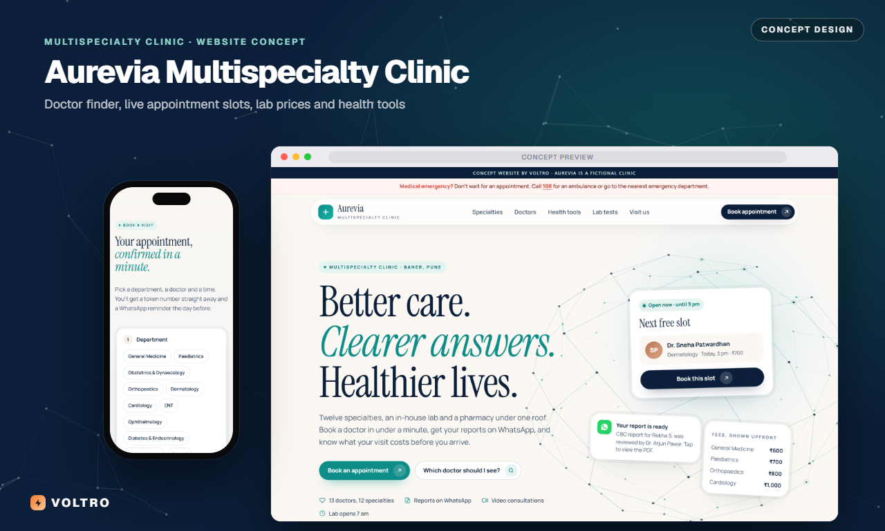 Aurevia Multispecialty Clinic concept website on desktop and phone