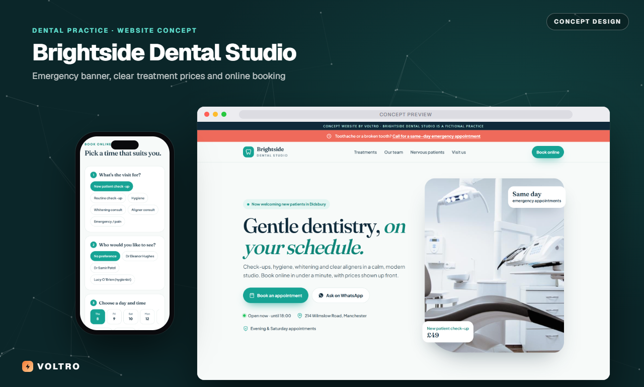 Brightside Dental Studio concept website on desktop and phone
