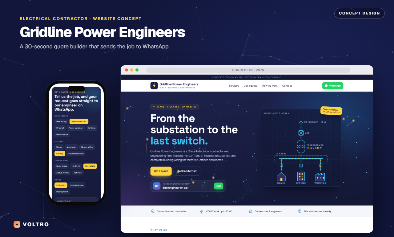 Gridline Power Engineers concept website on desktop and phone