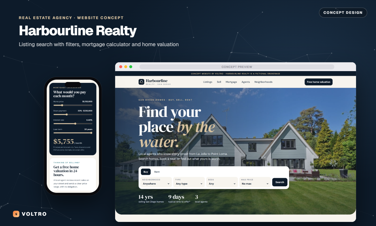 Harbourline Realty concept website on desktop and phone