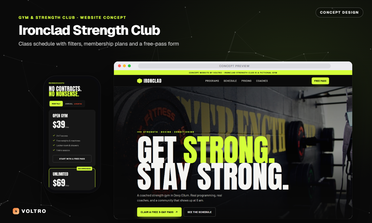 Ironclad Strength Club concept website on desktop and phone
