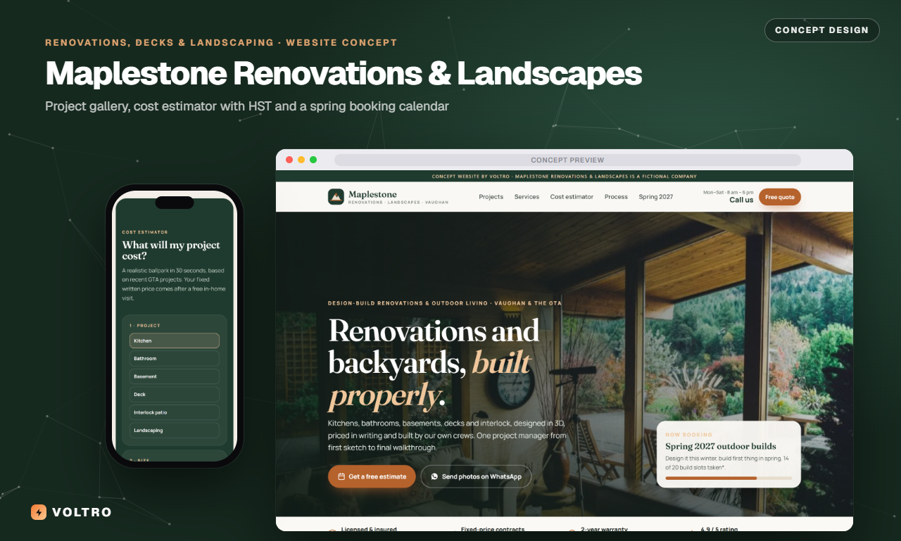 Maplestone Renovations & Landscapes concept website on desktop and phone