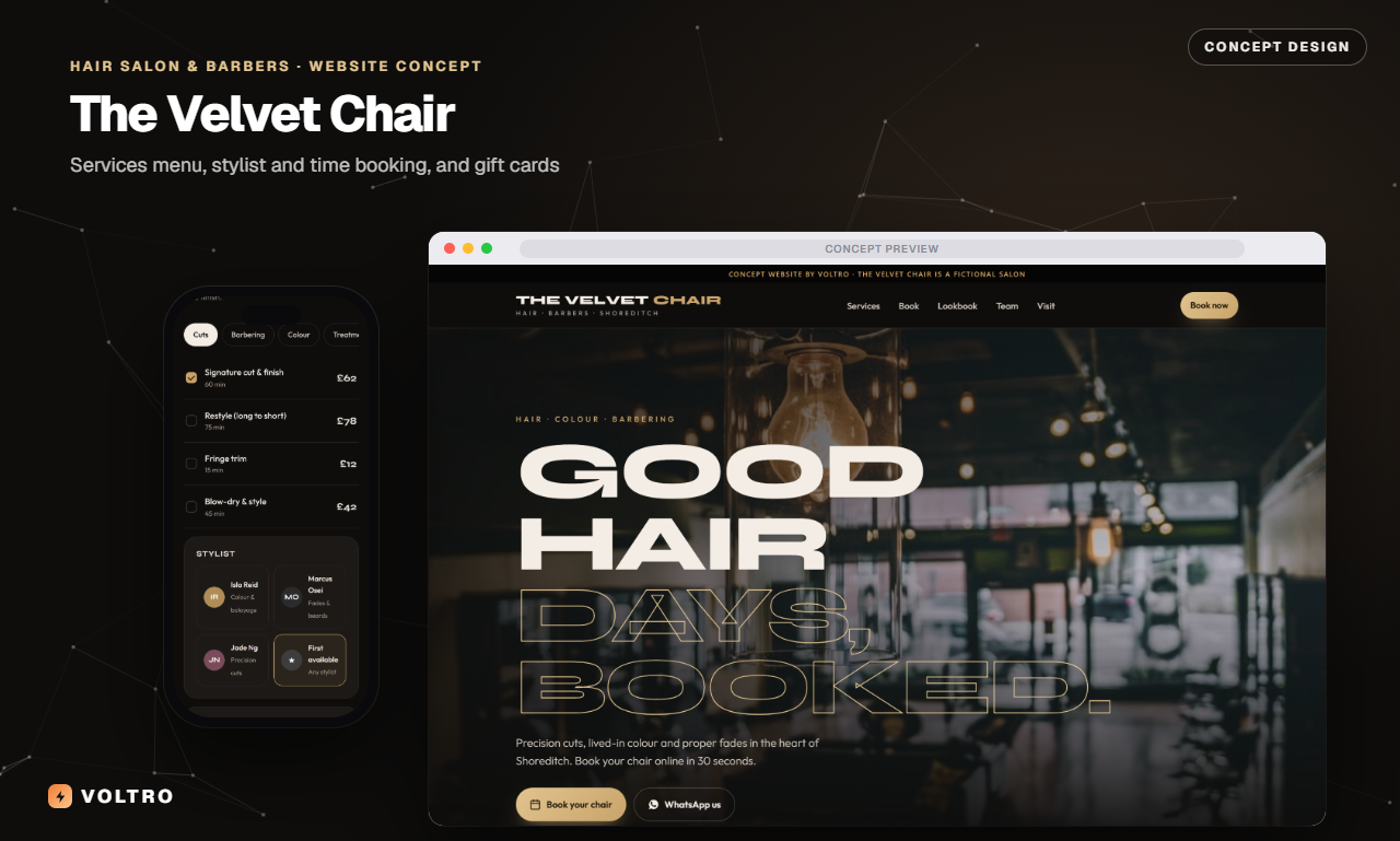 The Velvet Chair concept website on desktop and phone