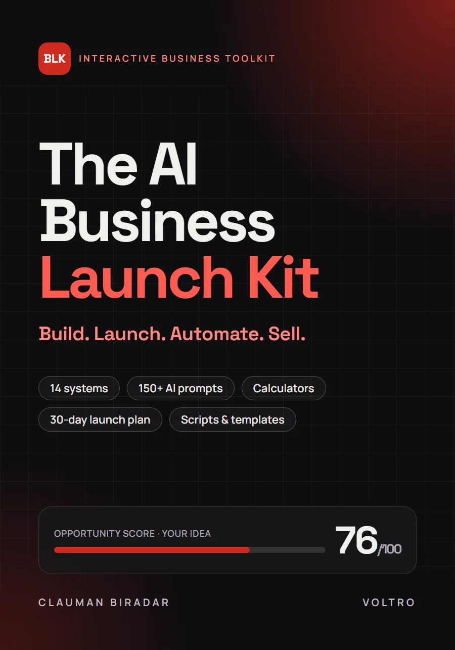 The AI Business Launch Kit cover: a dark cover with a red BLK mark, the title, chips for 14 systems, 150+ AI prompts, calculators and a 30-day launch plan, and an Opportunity Score of 76 out of 100