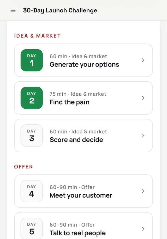 Screen from the kit: the 30-Day Launch Challenge with day cards