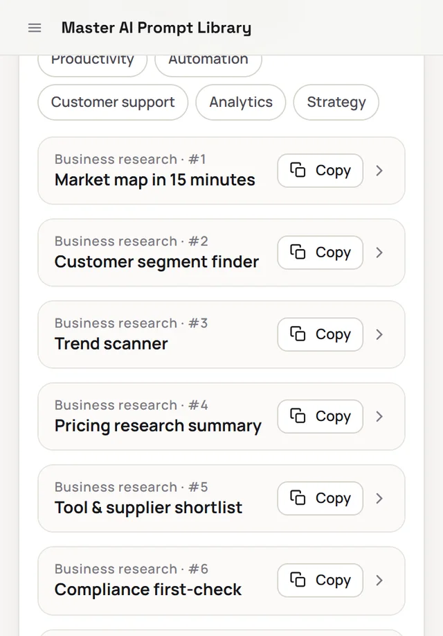 Screen from the kit: the Master AI Prompt Library with category filters and copy buttons
