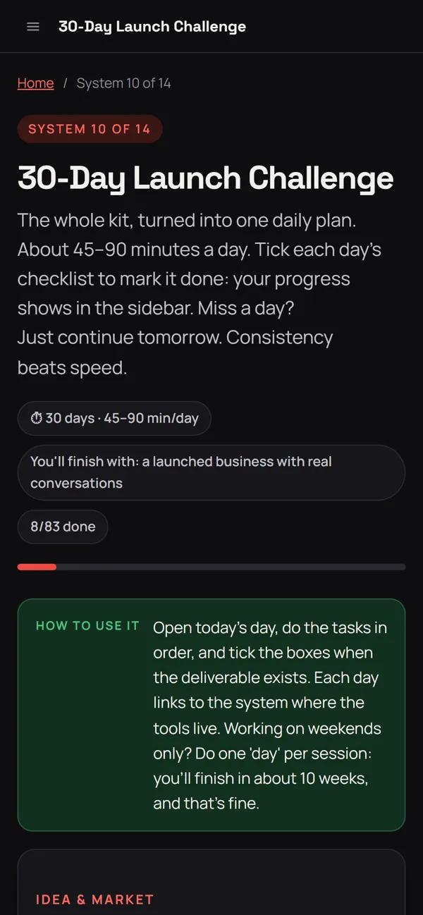 Screen from the kit: Follow the 30-day plan. One task list a day. Tick it, see your progress.