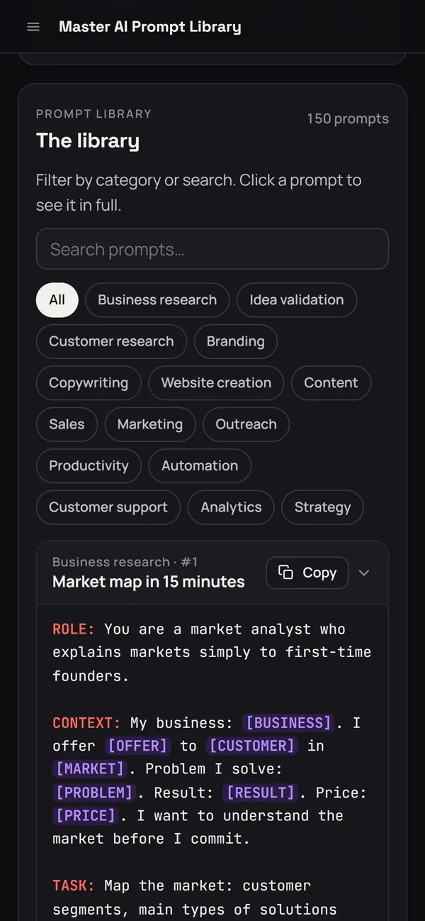 Screen from the kit: Copy a ready prompt. 150 prompts that fill in your business details.