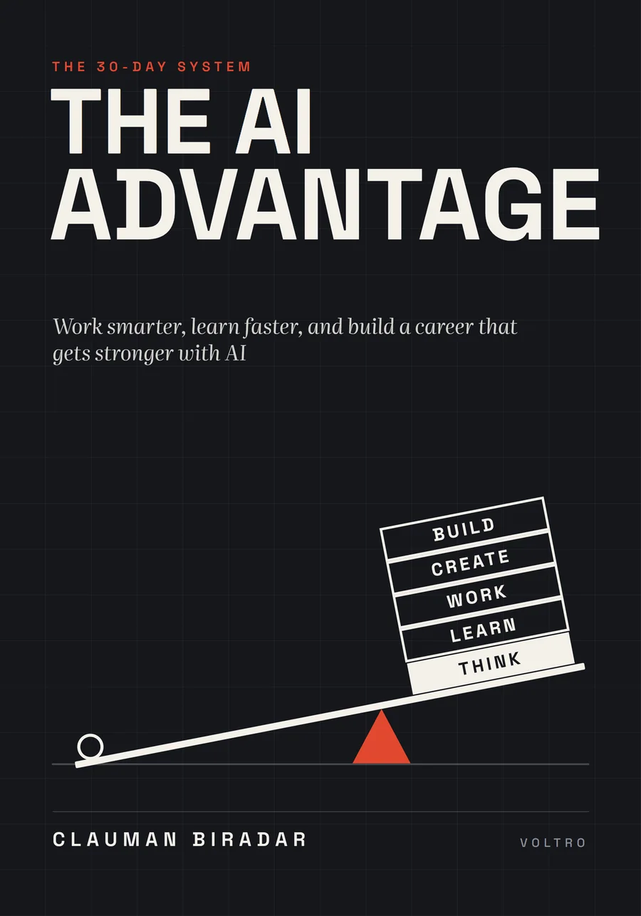 The AI Advantage cover: a lever on a small orange fulcrum lifting five blocks labelled Think, Learn, Work, Create and Build