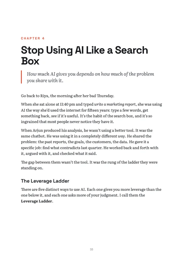 Sample page: the opening of Chapter 4, Stop Using AI Like a Search Box