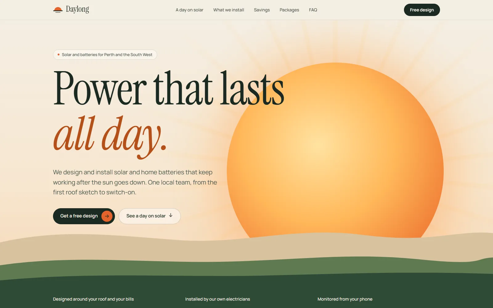 Daylong Solar homepage with the headline Power that lasts all day and a sun rising behind green hills
