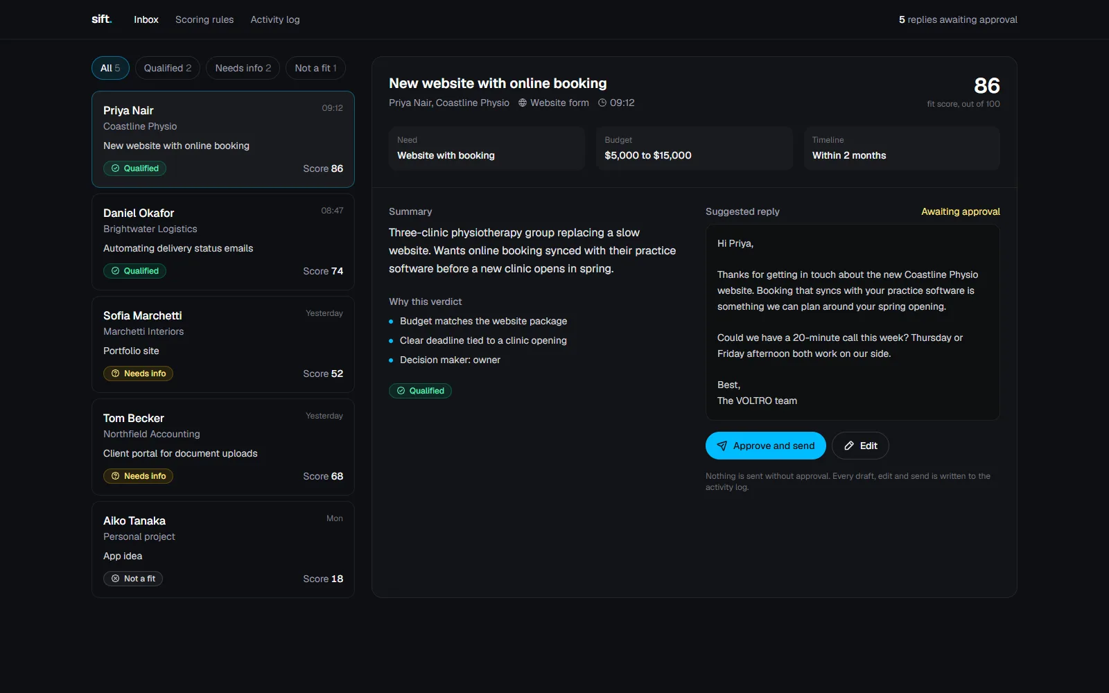 Sift inbox showing scored enquiries, a lead summary and a drafted reply awaiting approval
