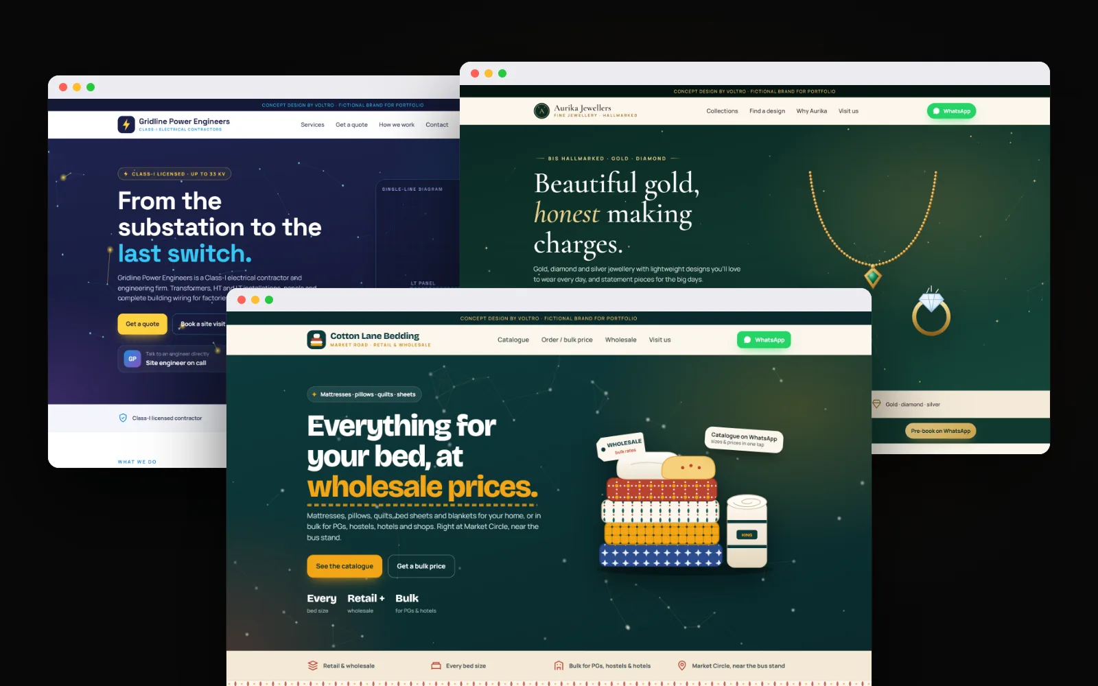 Three concept websites in browser windows: Gridline Power Engineers, Aurika Jewellers and Cotton Lane Bedding
