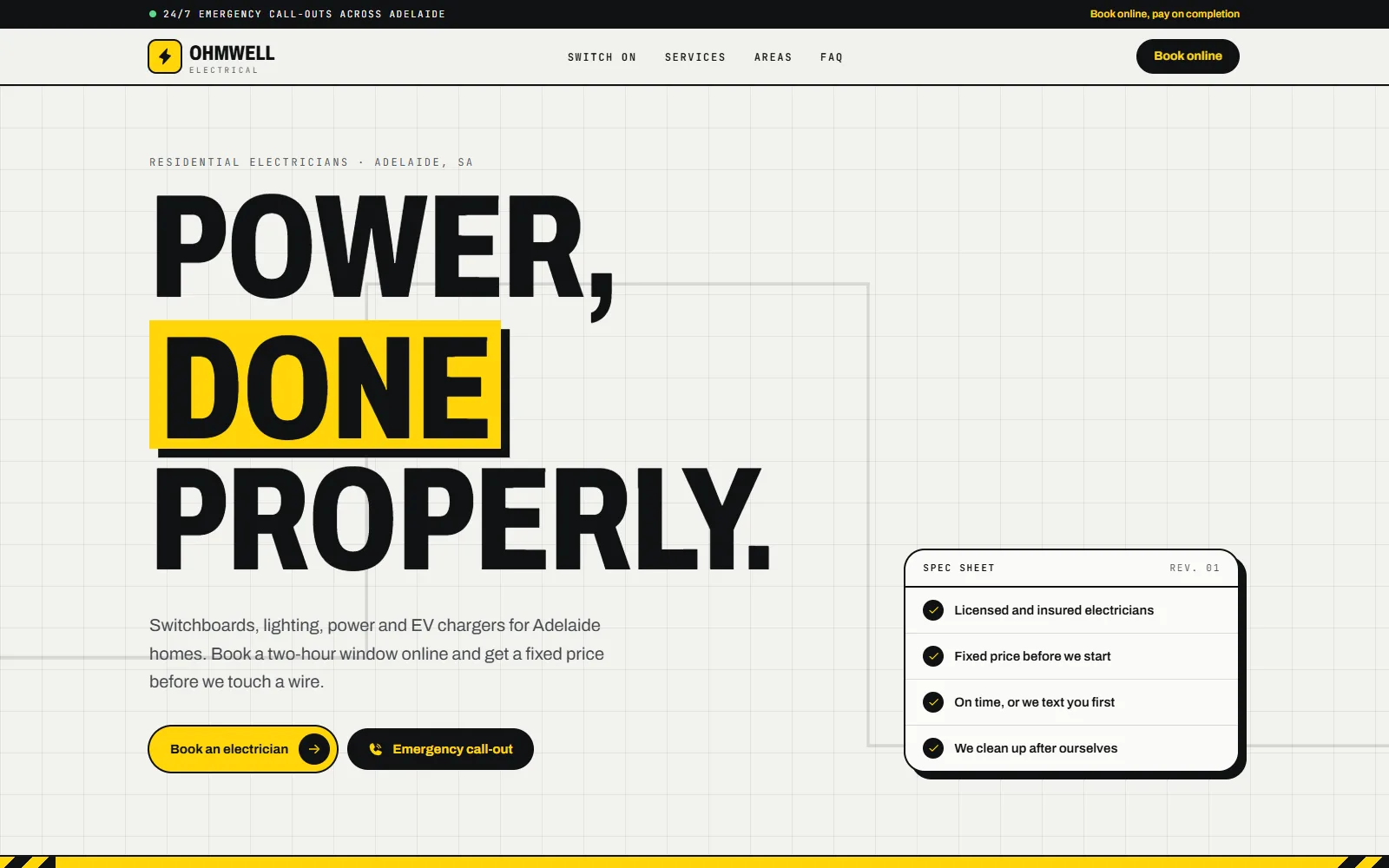 Ohmwell Electrical homepage with the headline Power, done properly and a spec sheet of service promises