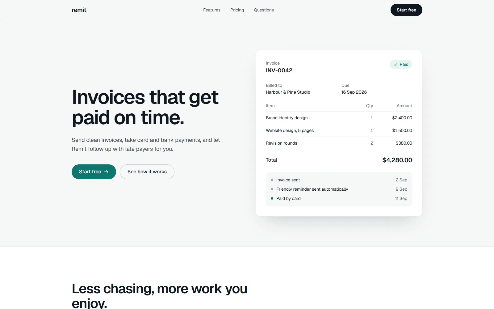 Remit landing page hero with the headline Invoices that get paid on time and a paid invoice preview