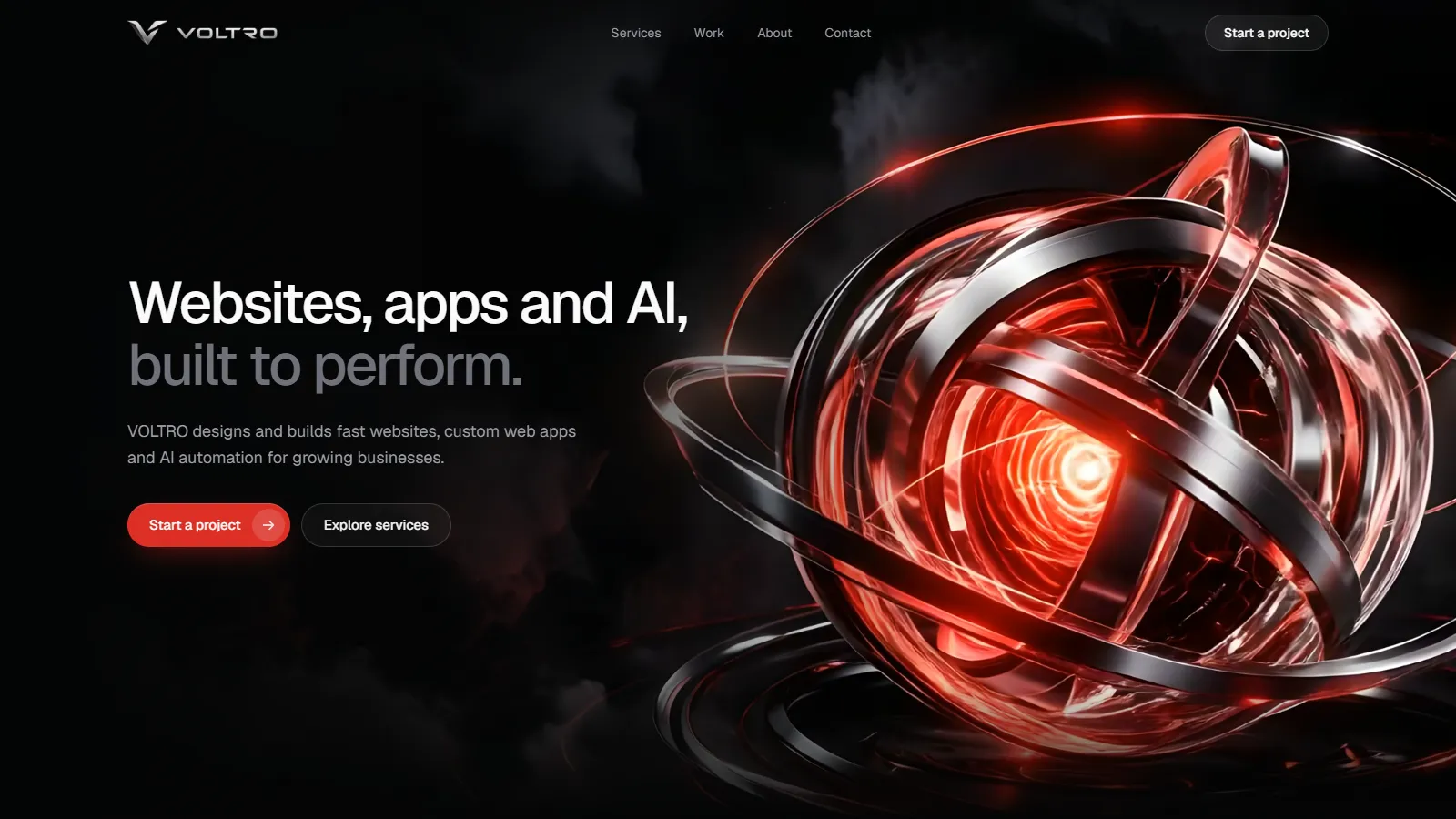 The voltro.online homepage hero with the chrome and red orb animation
